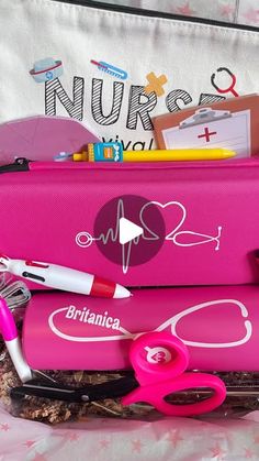 a pink suitcase filled with personal care items