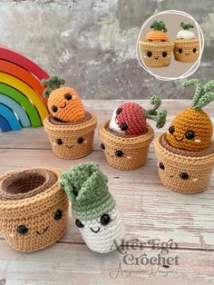 small crocheted pots with vegetables in them