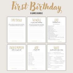 the first birthday games bundle is shown with gold foil lettering on white paper and black ink