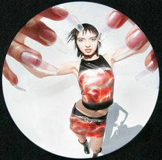 a woman in red and black is holding her hands out to the camera while wearing short shorts