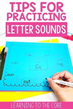 a hand holding a pencil over a blue sheet with the words, tips for practicing letter sounds