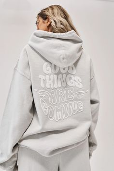 Girl Knows All Good Things Are Coming, Placement Print, Hoodie And Sweatpants, Milky White, Zulu, Trim Detail, 8 M, Comfy Outfits, Kangaroo Pocket