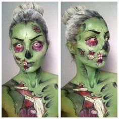 . Zombie Cartoon Makeup, Zombie Makeup Green, Cartoon Zombie Makeup, Zombie Special Fx Makeup, Green Zombie Makeup, Cute Zombie Makeup, Zombie Makeup Ideas, Zombie Comic