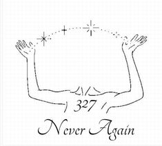 a drawing of a man laying on his back with the words never again above it