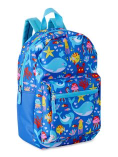 "Your little one will be all set for school with this backpack personalized with a name. A great gift for the upcoming school year. Can also be used as an overnight bag for that quick getaway or a small diaper bag. Great monogrammed bookbag. *Backpack: Measures 15 inches high x 10.5\"wide x 5.5\" deep. *This bag features an inch front zipper pocket and adjustable padded back-straps. *Polyester material. * Adjustable padded back straps Color-matched straps with webbing *Sturdy plastic hardware wi Back To School Satchel Backpack As Gift, Back-to-school Satchel Backpack As Gift, Cute Standard Backpack For School Events, Customizable Blue School Bag, Personalized Playful Blue Bag, Playful Personalized Blue Bag, Customizable Blue Backpack For Travel, Blue Backpack Gift For End Of School Year, Playful Personalized Back-to-school Bag