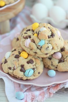 chocolate chip easter egg cookies on a pink plate