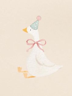 a white duck with a pink bow and a party hat on it's head