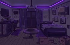 a bedroom with purple lighting and pictures on the wall