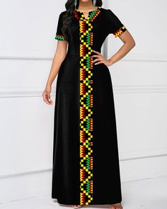 Casual Colorful Patterned Maxi Dress, Black Bohemian A-line Dress, Black A-line Bohemian Dress, Casual A-line Dress With Geometric Pattern, Black Patchwork Dress For Vacation, Casual Long Patterned Dress, Casual Black Printed Maxi Dress, Black Fitted Maxi Dress With Patchwork, Fitted Black Maxi Dress With Patchwork