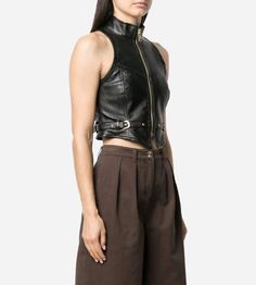 Women's Trendy Leather Vest In Black Leather Shorts Women, Short Leather Skirts, Black Leather Vest, Leather Jumpsuit, Shearling Vest, Studded Jacket, Distressed Jacket, Bullet Points, Leather Finish