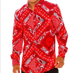 New W/Tags!!! Mens Stylish Red Paisley Woven Shirt; Long Sleeves, Button Front; Sz M; In Excellent Condition Red Paisley Print Cotton Top, Casual Red Tops With Paisley Print, Casual Red Paisley Print Top, Hawiian Shirts, Fashion Nova Shirts, Red And Black Shirt, New Mens Fashion, Red Paisley, Button Down Shirt Mens