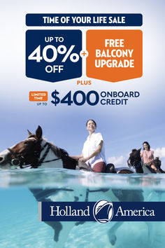 two people riding horses in the ocean with an ad for holland credit on their life sale