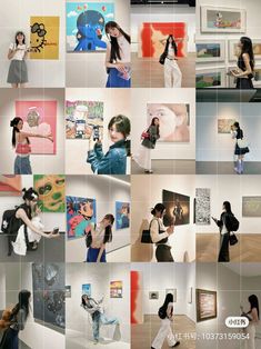 several pictures of women in different poses and paintings on the wall, one is holding a cell phone