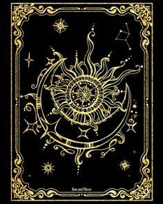 the sun and moon are depicted in gold on a black background, with stars around it