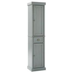 a tall gray cabinet with two doors