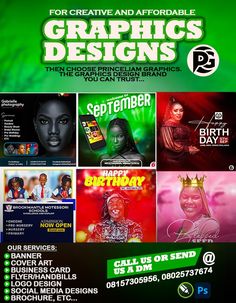 the flyer for graphic designs is shown in green and black colors, with various images on it