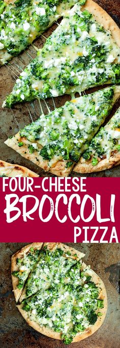 four cheese broccoli pizza on a pan with the words four cheese broccoli pizza