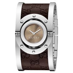 Brown Leather Watch, Leather Bangle, Bangle Watches, Gucci Watch, Cuff Watch, Jewelry Clasps, Gucci Fashion, Stylish Watches, Brown Silver