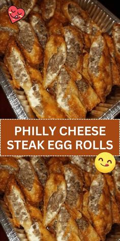 some food that is sitting in a pan on a table with the words phily cheese steak egg rolls