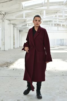 "Wool Elegant Coat, Winter Overcoat, Burgundy Coat ◈ Stylish and chic fashion is our shared dream! You can be sure that this piece is made with a lot of love and craftsmanship. ◈ S I Z I N G ◈ This item is available from XS to 4XL. Please, have a look at my Size Chart below before placing your order. The model in the picture is 63'' (160 cm) tall. ◈ D E L I V E R Y ◈ This item will be shipped in up to 5 days after your order was placed. We use Express worldwide shipping for all of our items. Shi Chic Long Wool Coat For Cold Weather, Elegant Wool Coat For Cold Weather And Fall, Elegant Wool Coat For Cold Weather In Fall, Elegant Fall Sweater Coat For Cold Weather, Luxury Long Sweater Coat, Elegant Cold Weather Outerwear With Pockets, Elegant Wool Coat With Lapel Collar For Cold Weather, Elegant Wool Coat With Pockets For Winter, Elegant Wool Coat For Cold Weather