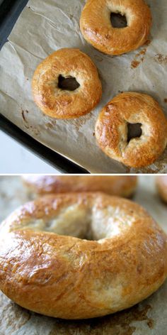 two pictures of doughnuts sitting on top of a baking sheet