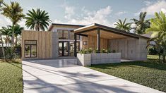 a rendering of a modern house with palm trees in the background