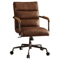 a brown leather office chair with metal arms and casteors on an isolated white background