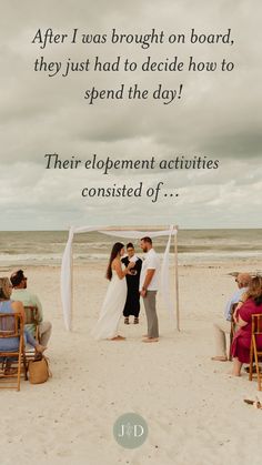 a couple getting married on the beach in front of their wedding ceremony arch with an overcast sky