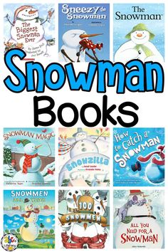 snowman books for kids with the title overlaying them in blue and white