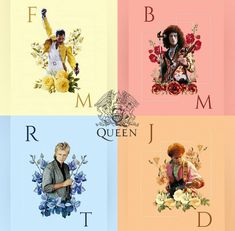 four different colored images of the same person with flowers and letters in front of them