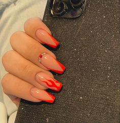 Coffin Shape Red Nail Designs, Red Accent Acrylic Nails, Red Accent Nails Acrylic, Mail Designs Acrylic Summer, Red Acrylic Nails Summer, Red Spring Nails Acrylic, Red Fire Nails Acrylic, Summer Red Acrylic Nails, Bright Red Nails With Design Summer