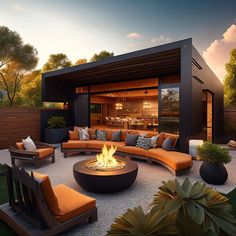 an outdoor living area with couches, chairs and a fire pit in the middle