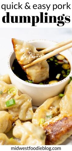 an image of dumplings with chopsticks and sauce on the side text reads quick & easy pork dumplings