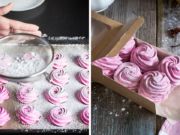 pink cupcakes are being made and placed on the table