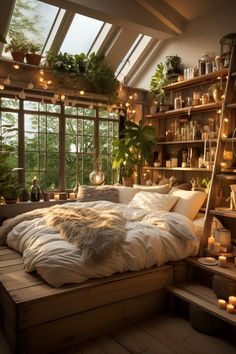 a bed with lots of pillows and blankets on top of it in a room filled with plants