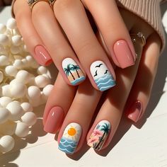 Nail Art For Beach Vacation, Cute Summer Nails Bright, Nails Simple Summer, Summer Nails Bright, Vacation Nail Art, Summer Nails Simple, Simple Summer Nails, Triangle Nails, Palm Nails