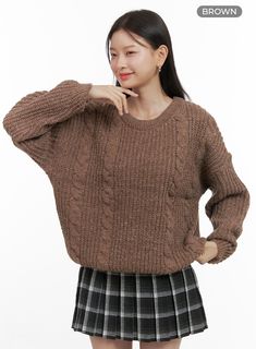 Product Detail Style : Casual Occasion : Back to school Type : Sweater Detail : Cable Material : Polyester, Acrylic Sleeve : Long sleeve Neck : Round neck Fit : Oversize fit Acrylic80 Polyester20 Color : Light beige, Brown, Dark green, Dark gray Made in Korea Model Size Model is wearing size S/M and the color Light beige. Height : 5'5" | 165cm / Top : S / Bottom : S (26 inch) .prddescription table, .prddescription td, .prddescription th { border : 1px solid black; border-collapse : collapse; pad Casual Brown Knitted Sweater, Trendy Brown Crew Neck Sweater, Casual Brown Long Sleeve Sweater, Casual Brown Cable Knit Sweater, Casual Brown Chunky Knit Top, Casual Brown Cable Knit Top, Casual Brown Sweater For Fall, Casual Brown Fall Sweater, Casual Brown Sweater