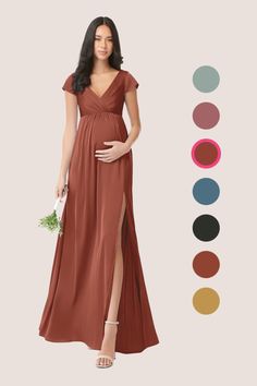 a pregnant woman in a long brown dress with her legs slited up and the color guide