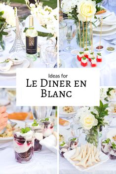 a collage of photos with flowers and wine bottles on the table for an elegant dinner