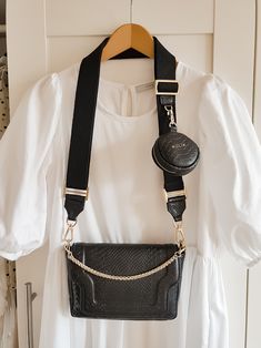 "Cotton woven and leather belt, adjustable, with mini purse made of black embossed leather. The belt bag can be detached with a gold carabiner. All metal elements in gold. The strap fits all our bags. Dimensions: length 92-140 cm / 36,2\"-55,1\" width 4 cm / 1,5\" bag diameter 9 cm /3,5\" SHIPPING FREEshipping wordwild - Express shipping UPS 3-4 Business days (please send us your hone number for the courier) Have a look at my other sections in my shop at the main menu: https://www.etsy.com/shop/ Black Leather Crossbody Bag Strap, Luxury Bags With Key Leash For Everyday Use, Black Leather Bag Strap For Fashion Accessories, Black Leather Bag Strap Fashion Accessory, Black Bags With Leather Strap, Woven Purse, Handbag Strap, Black Bucket, Main Menu