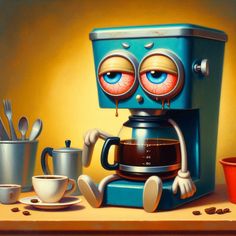 a painting of a coffee maker with eyes on it