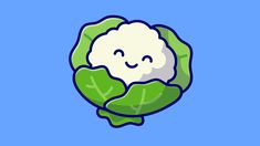 a green leafy vegetable with a smiling face on it's side, against a blue background