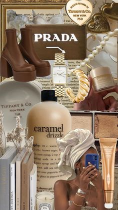 a collage of different items including shoes, perfumes and other things on display