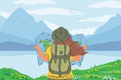 a person with a backpack is looking at the mountains and lake in the distance while holding a map