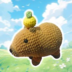 a stuffed animal with a tiny bird on its head in front of a blue sky