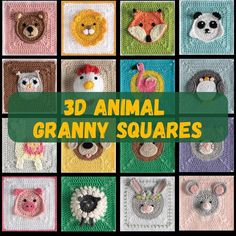 an image of many crocheted animals on squares with text that reads 3d animal granny squares