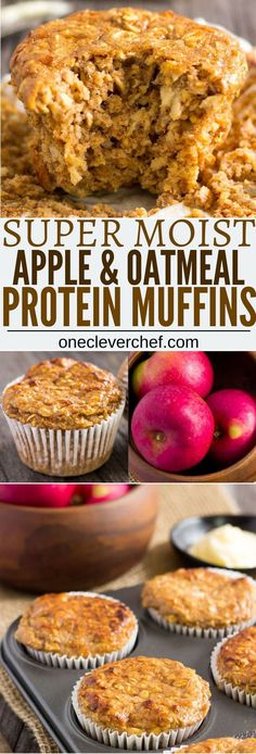 an apple and oatmeal muffin is shown with apples in the background