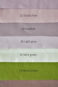 different colors of fabric with the names of each color and number on it, including white, green, gray, pink, purple