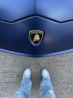 a person standing in front of a blue car with a lamb emblem on it's side