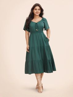 Heart Neckline Shirred Ruffle Layered Hem Dress – BloomChic Elegant Green Tiered Skirt Midi Dress, Elegant Green Tiered Midi Dress, Elegant Green Midi Dress With Tiered Skirt, Casual Ruffled Skirt Dress For Dress Down Occasions, Casual Midi Dress With Ruffled Skirt, Tiered Dress For Brunch, Solid Color Tiered Dress For Brunch, Solid Midi Dress With Ruffle Hem, Elegant Solid Color Tiered Skirt Dress